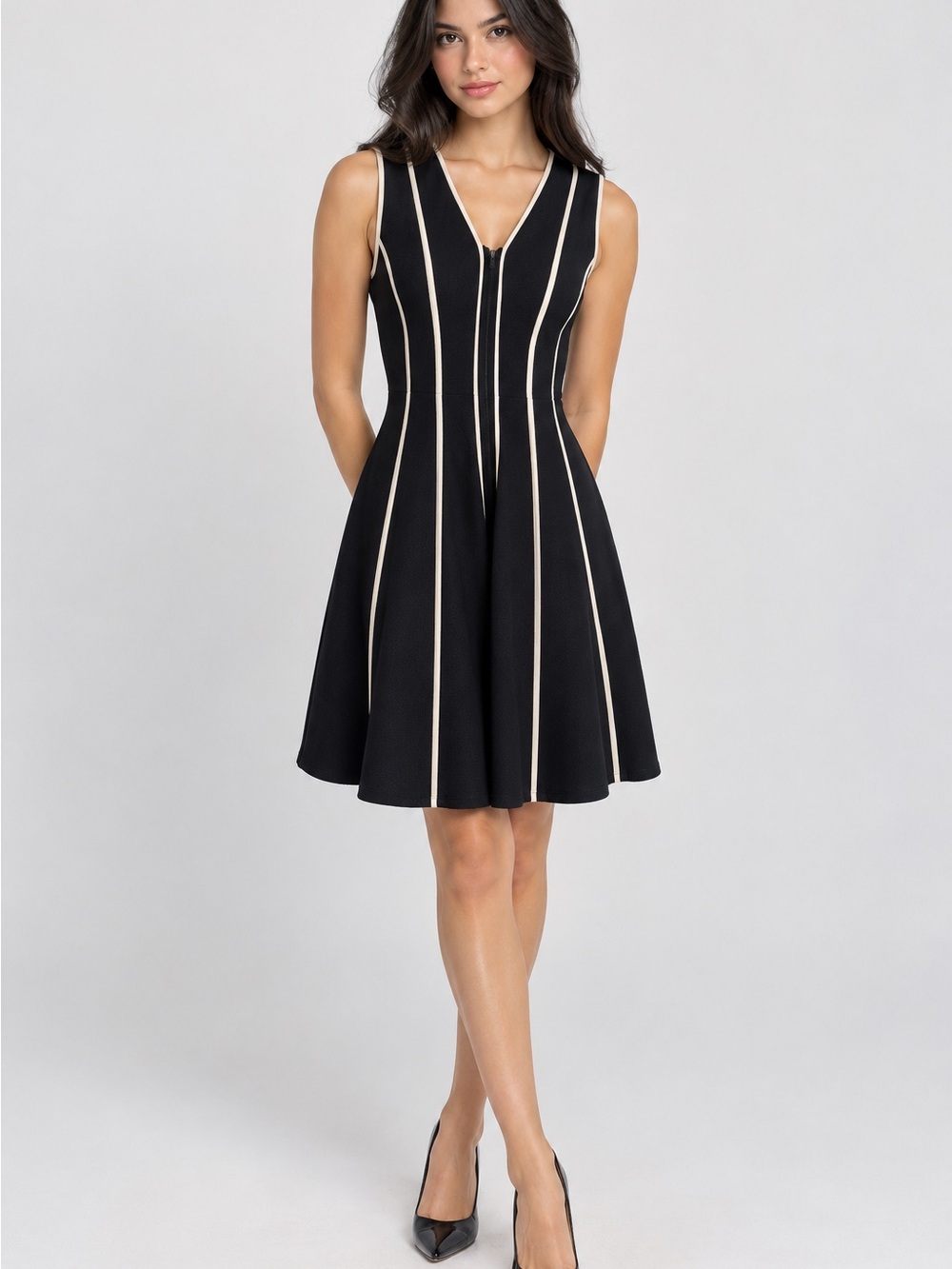 Danny & Nicole Black Midi Dress with Cream Piping